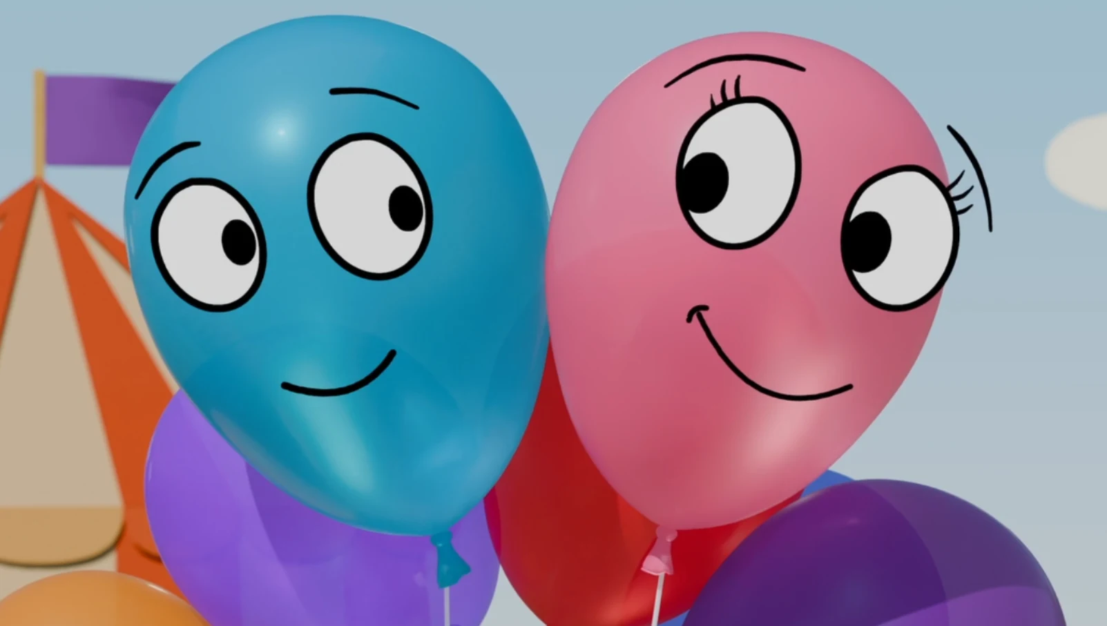 Two friendly balloons with faces, one blue and one pink, among other balloons.