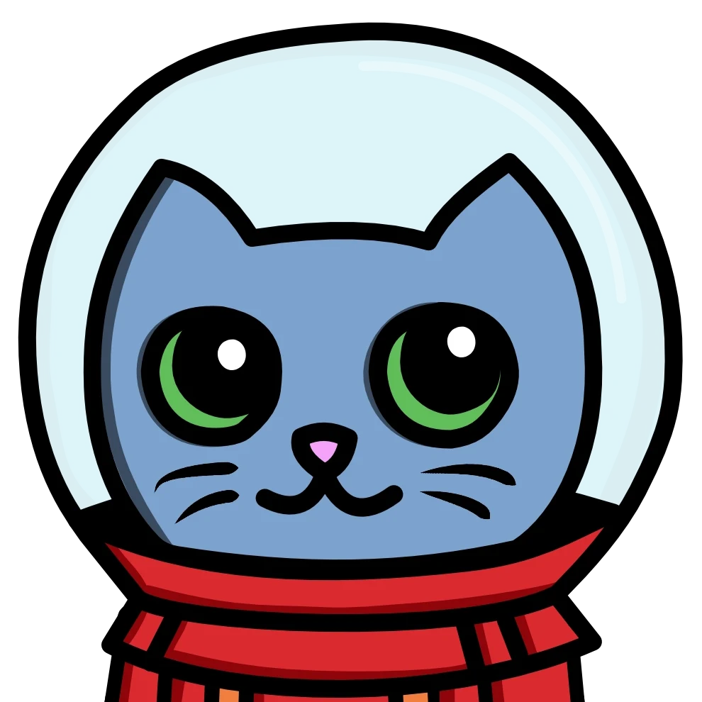 Cute grey cat in a bubble helmet with big green eyes and a red scarf.