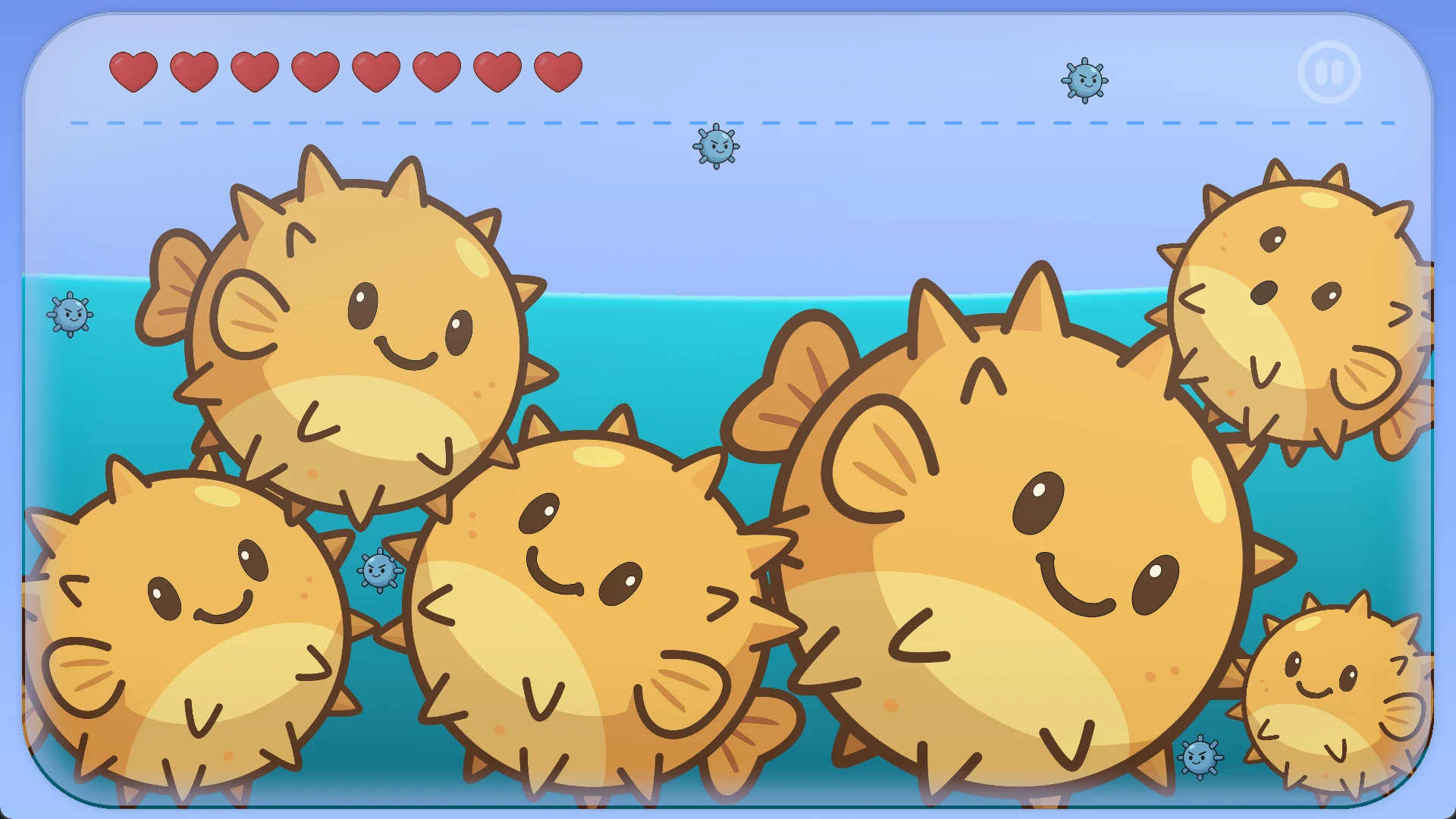 Gameplay screenshot showing a tank with stacked pufferfish, lives as heart icons, and mines drifting near the top.